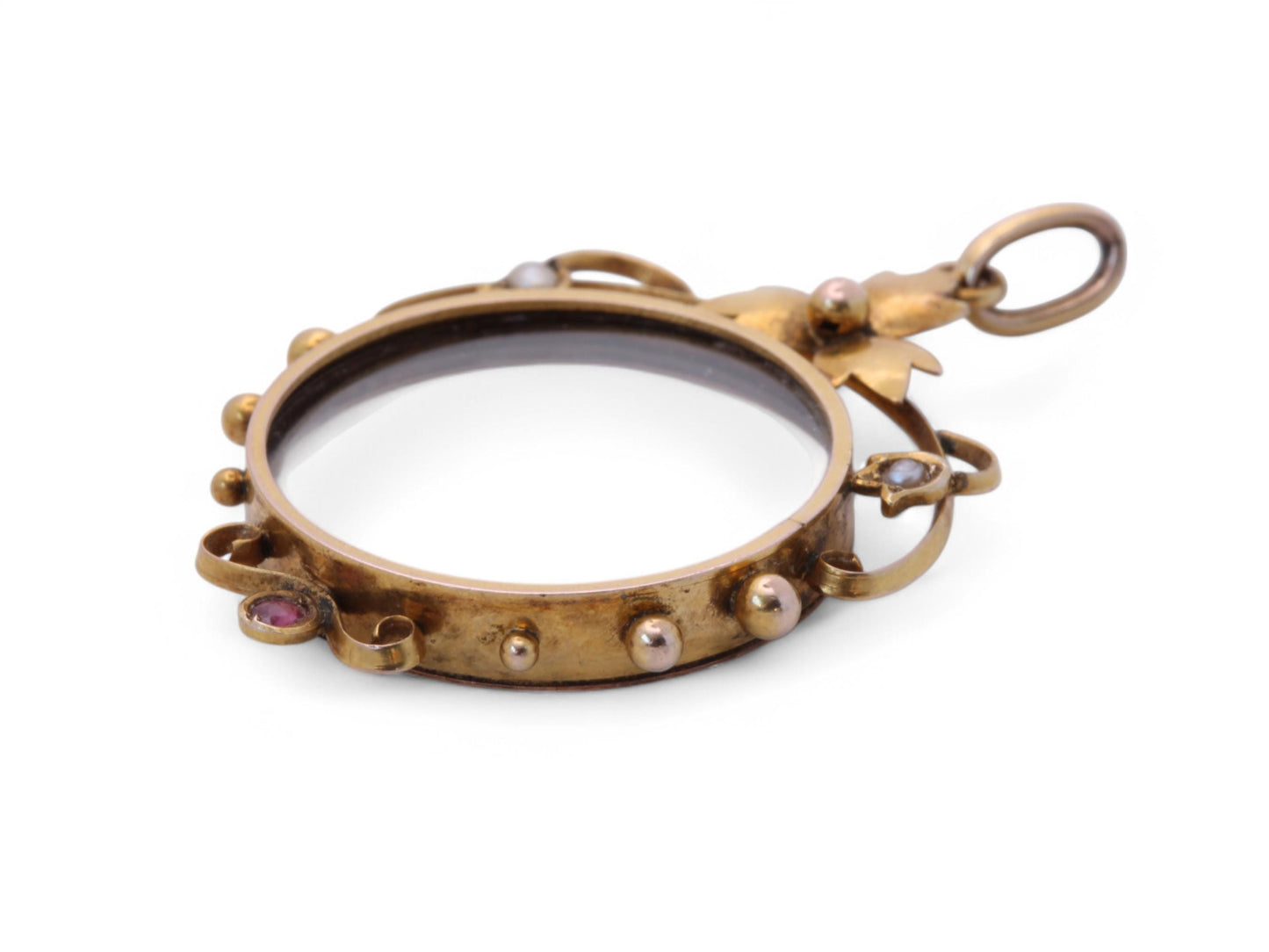 Antique 9ct Gold Pearl & Ruby Open Face Locket