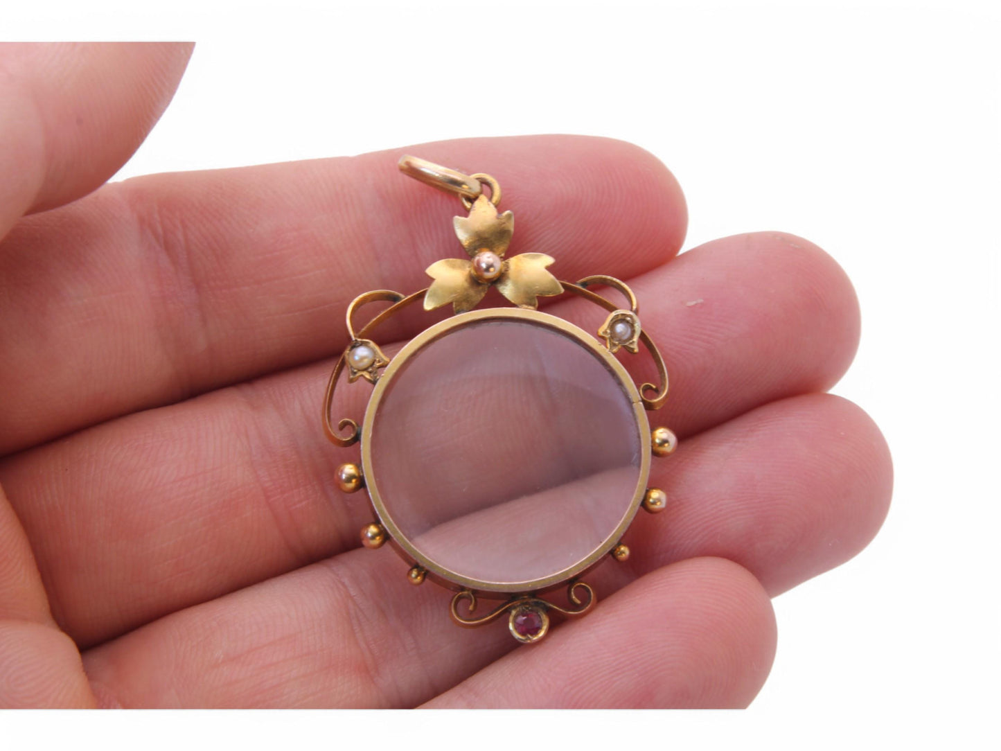 Antique 9ct Gold Pearl & Ruby Open Face Locket