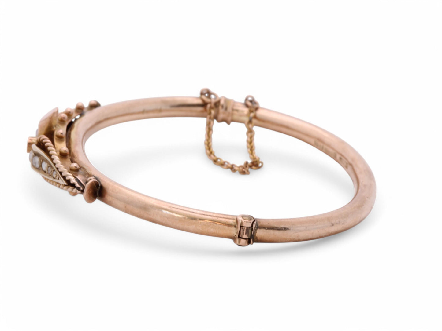 Antique 9ct Gold Ruby Pearl Bangle, 6"