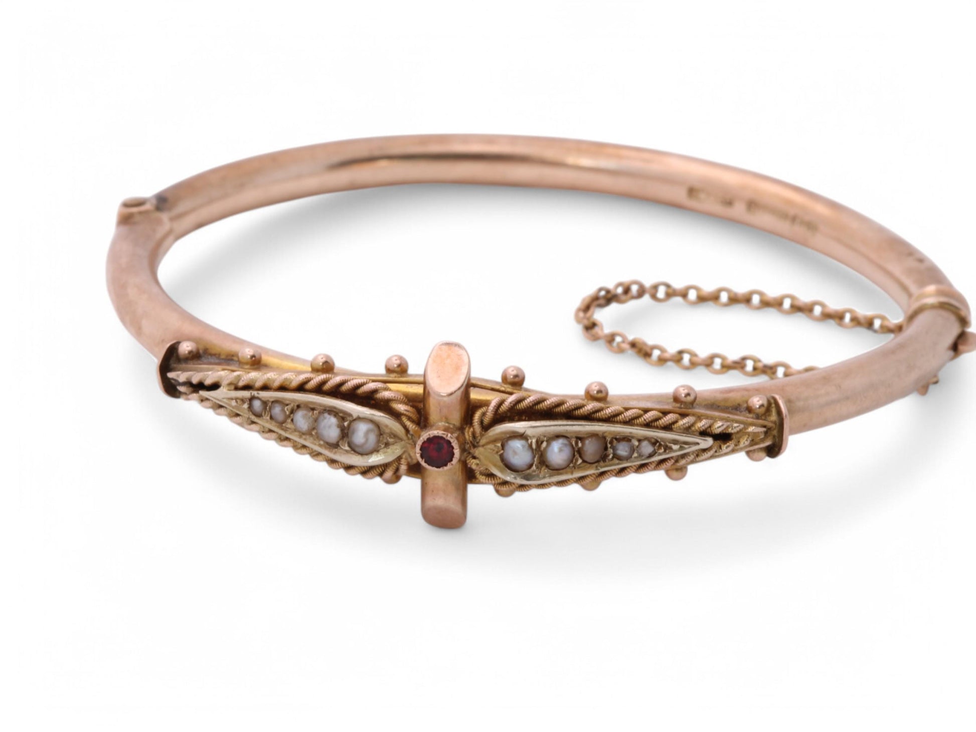 Antique-9ct-Gold-Ruby-Pearl-Bangle,-6"