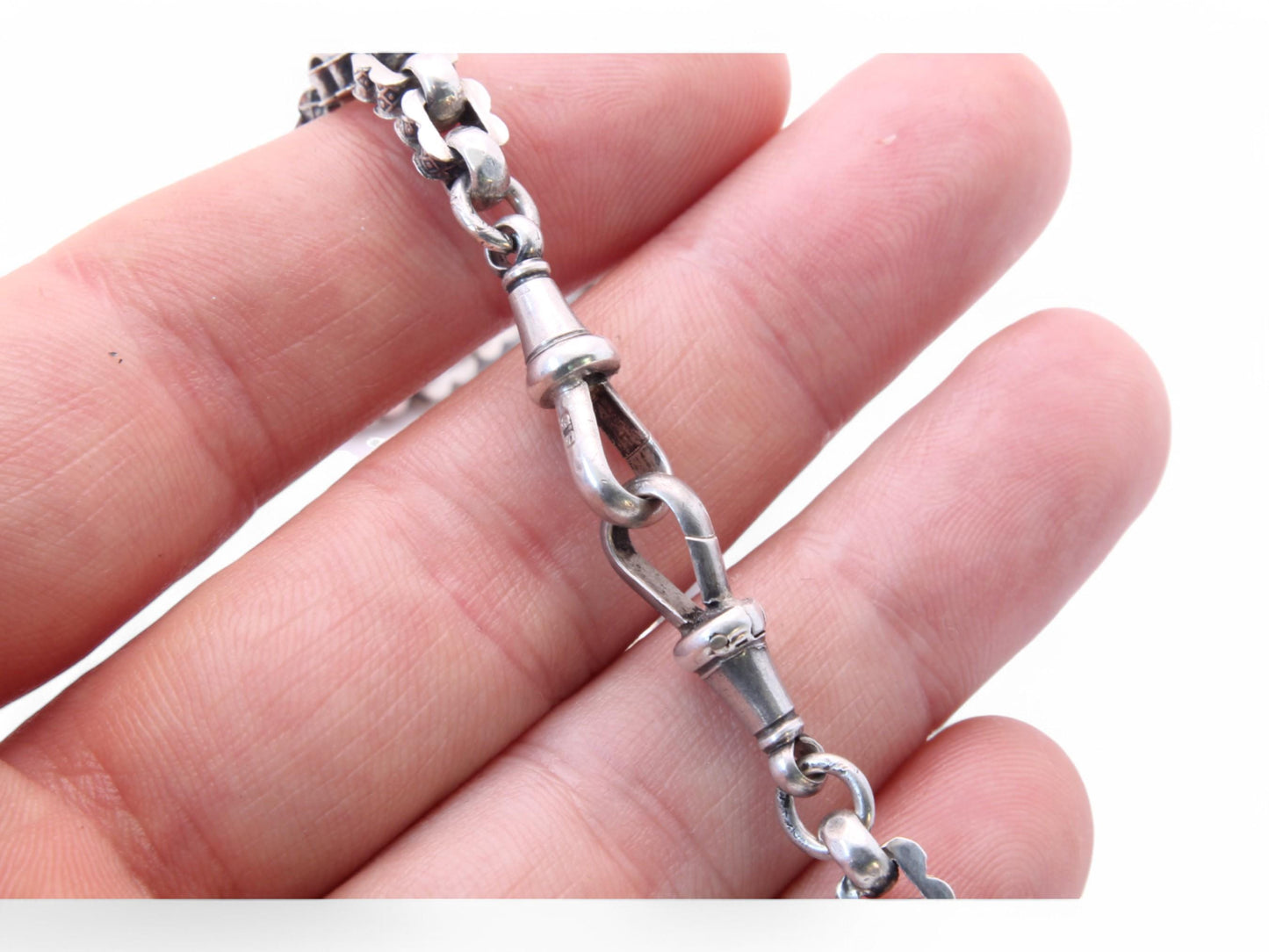 Antique-Sterling-Silver-Fancy-Link-Albert-Chain-Necklace,-14.3"