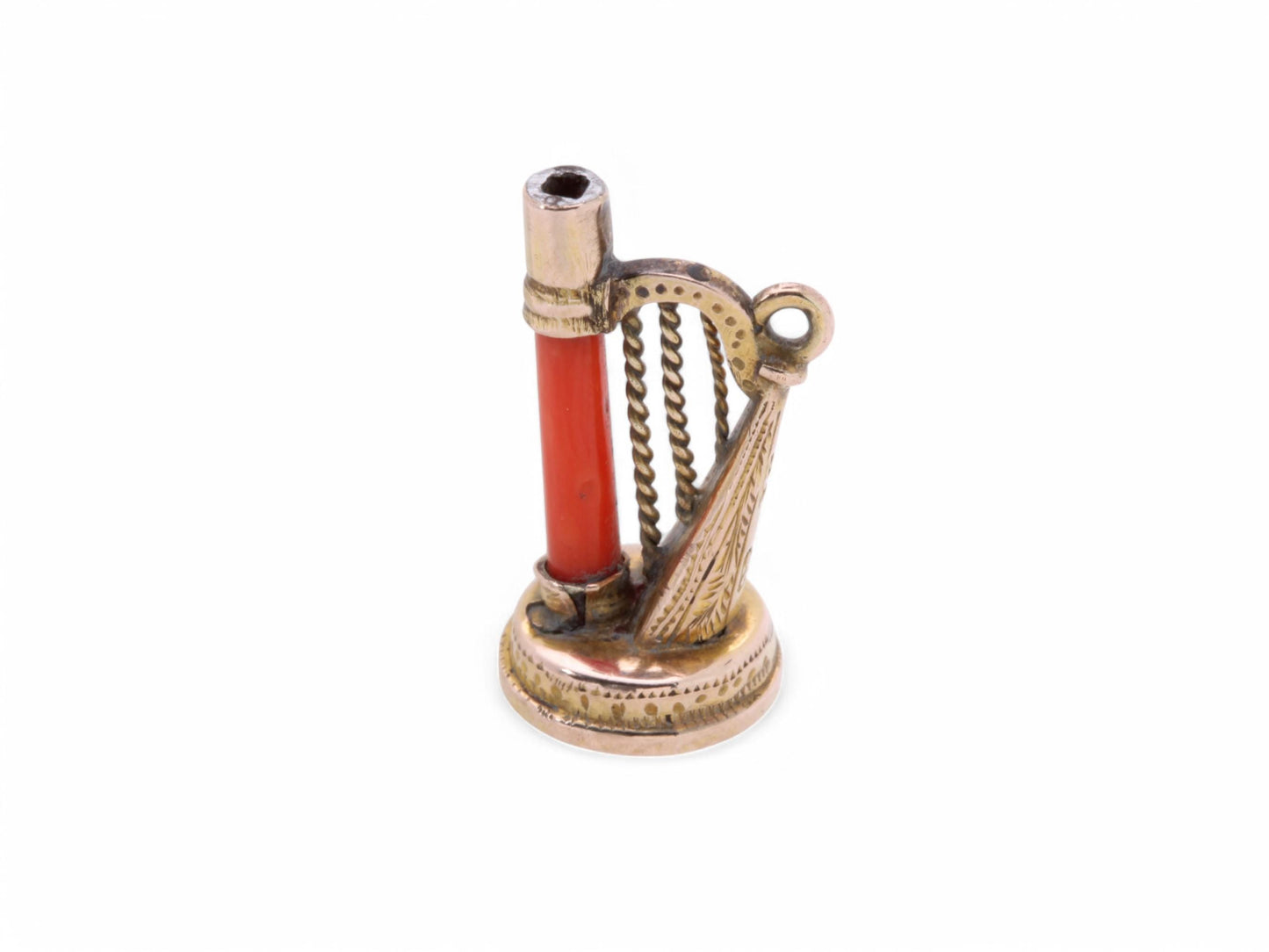 Antique 9ct Gold Coral Harp Pendant Watch Key