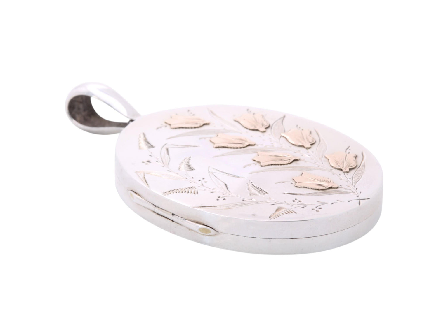 Victorian Sterling Silver Tulip Locket: 9ct Gold Flowers, 1880