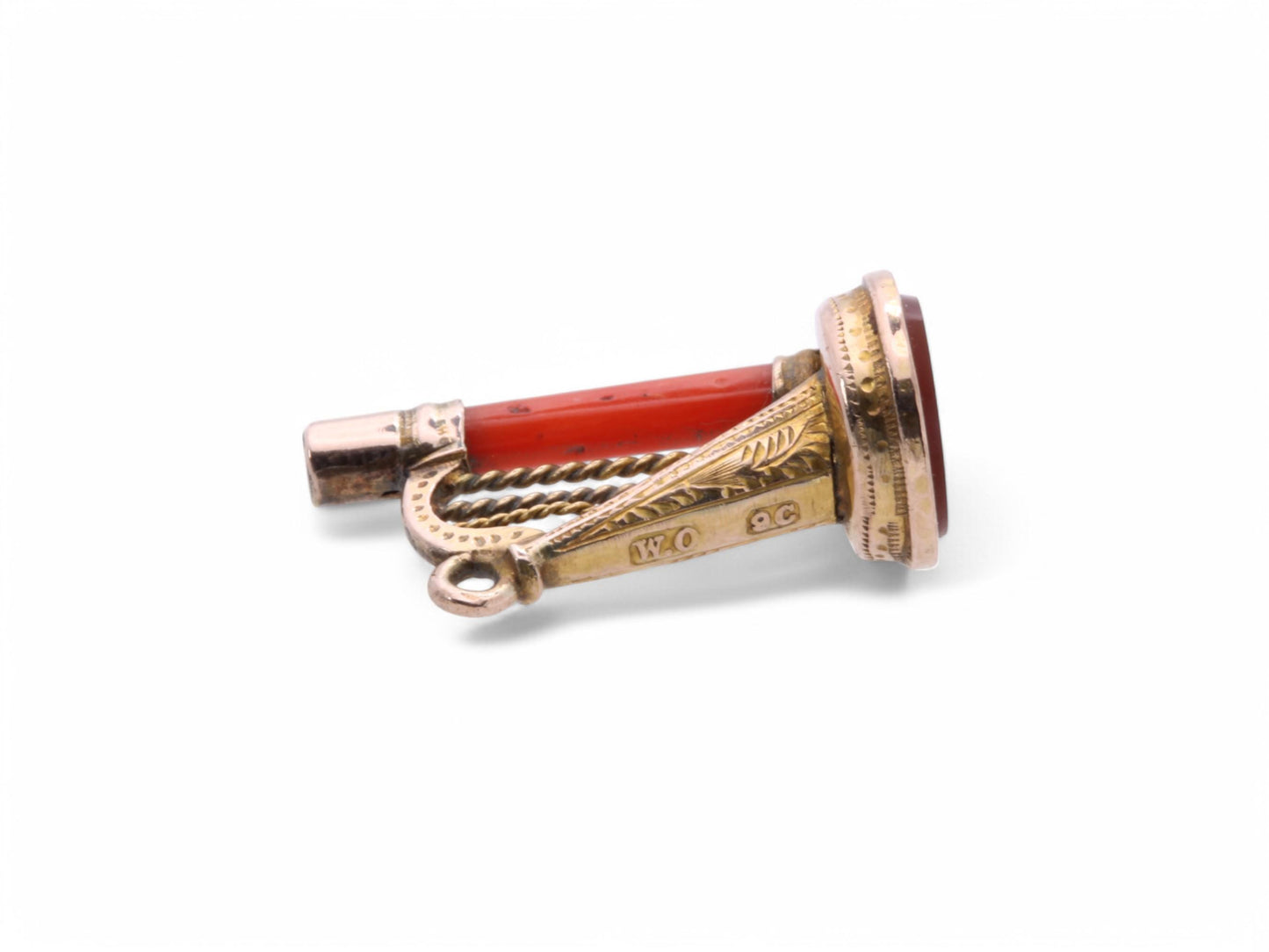 Antique 9ct Gold Coral Harp Pendant Watch Key