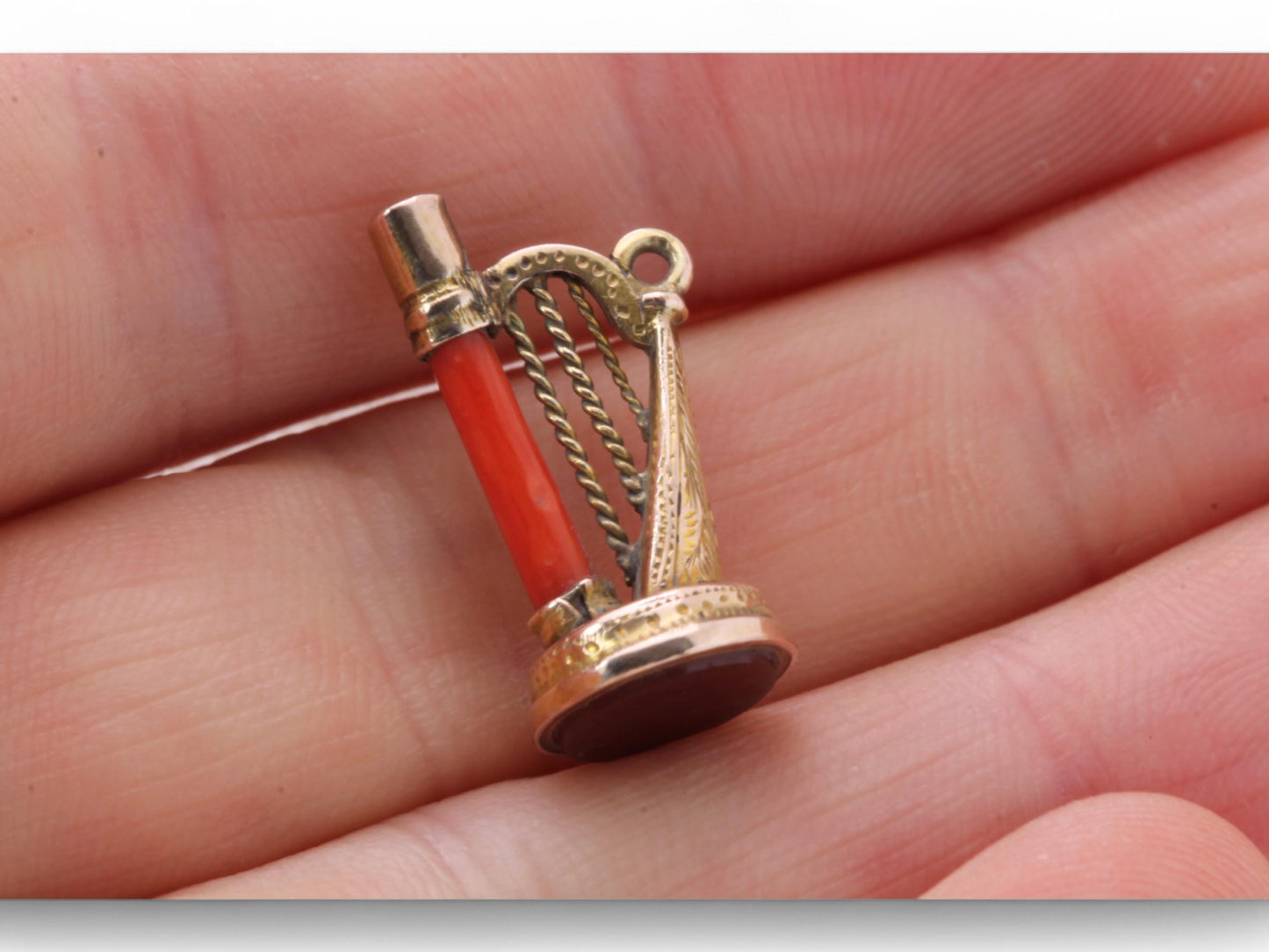 Antique 9ct Gold Coral Harp Pendant Watch Key