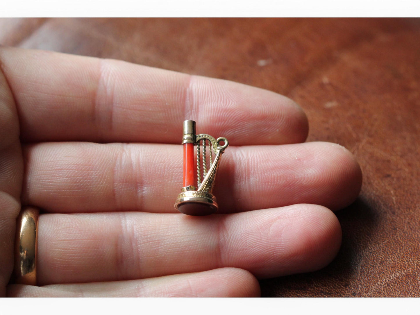 Antique 9ct Gold Coral Harp Pendant Watch Key