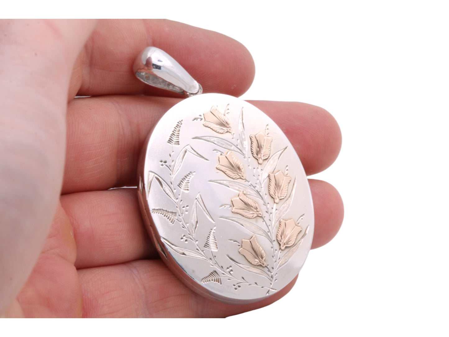 Victorian Sterling Silver Tulip Locket: 9ct Gold Flowers, 1880