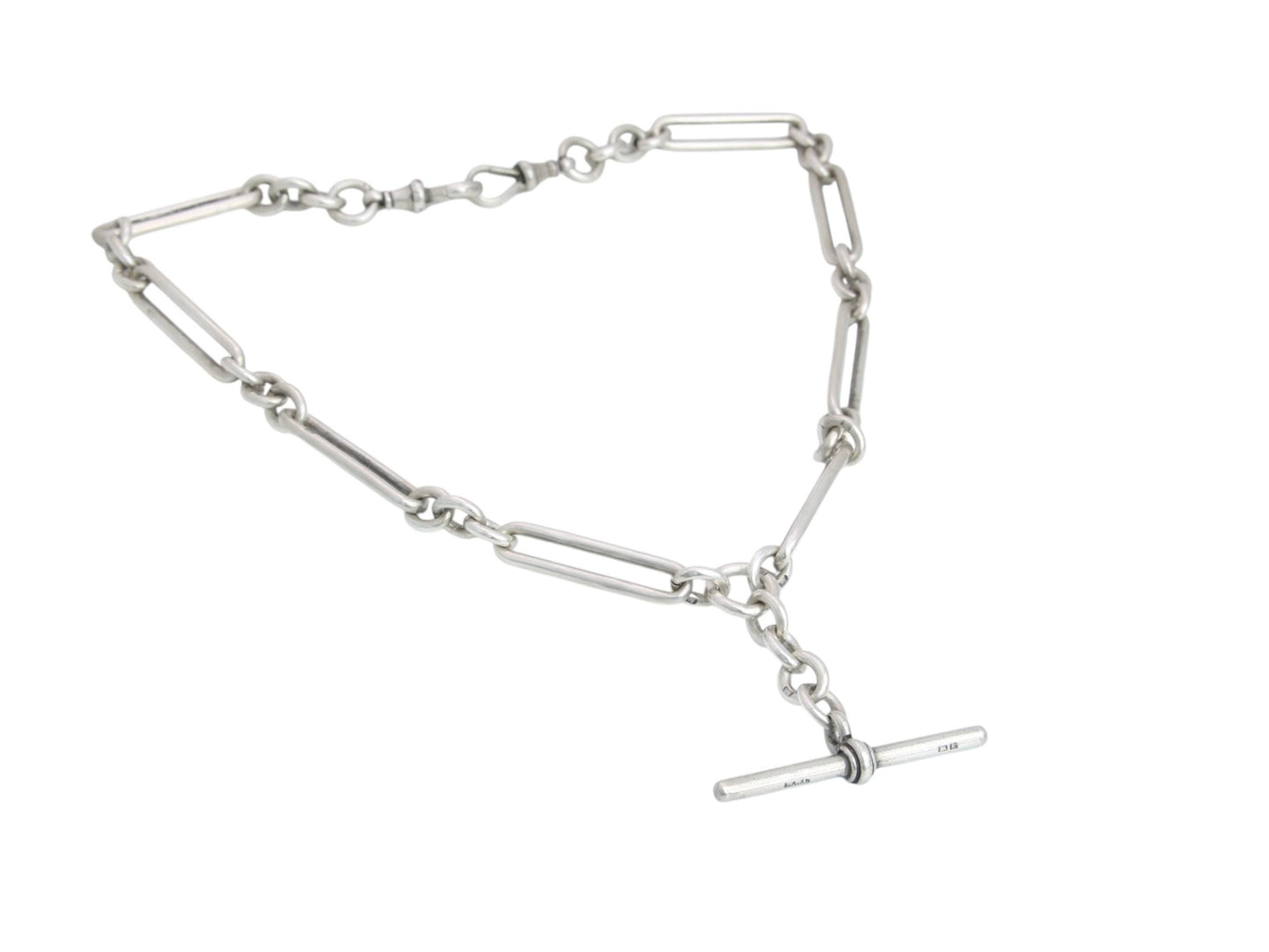 Antique Sterling Silver Trombone Link Albert Chain Necklace, 15.25"