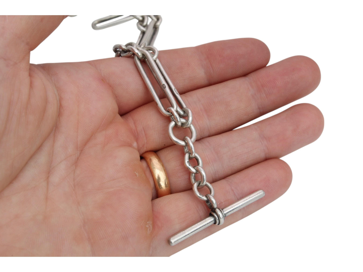 Antique Sterling Silver Trombone Link Albert Chain Necklace, 15.25"