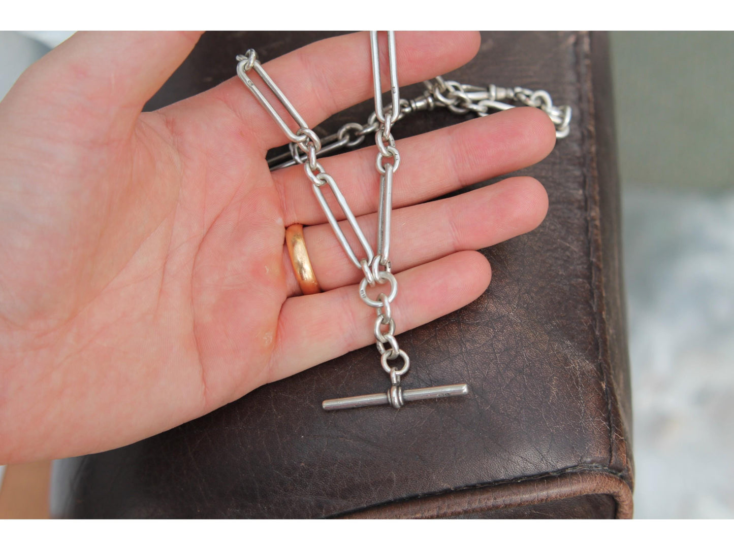 Antique Sterling Silver Trombone Link Albert Chain Necklace, 15.25"