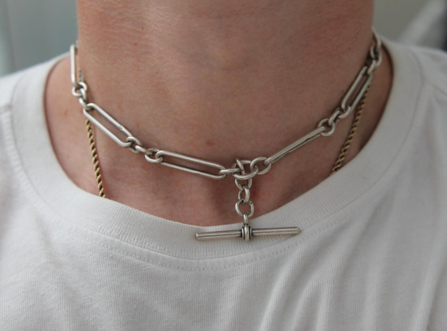 Antique-Sterling-Silver-Trombone-Link-Albert-Chain-Necklace,-15.25"