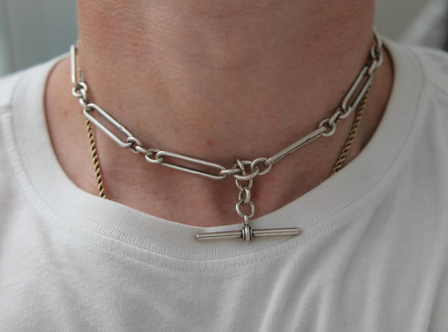 Antique-Sterling-Silver-Trombone-Link-Albert-Chain-Necklace,-15.25"