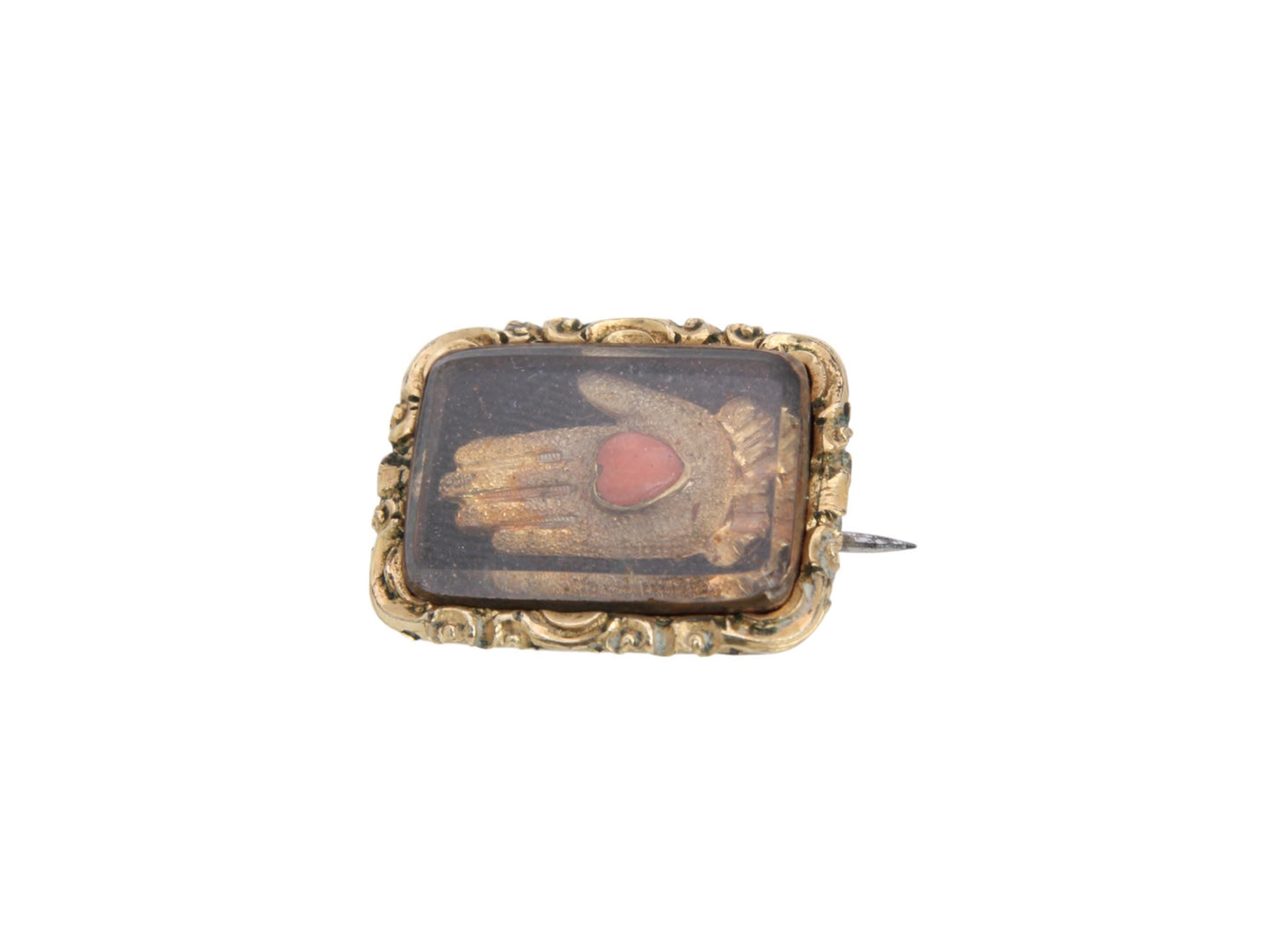 Antique Georgian 9ct Gold Filled Hand Coral Heart Brooch