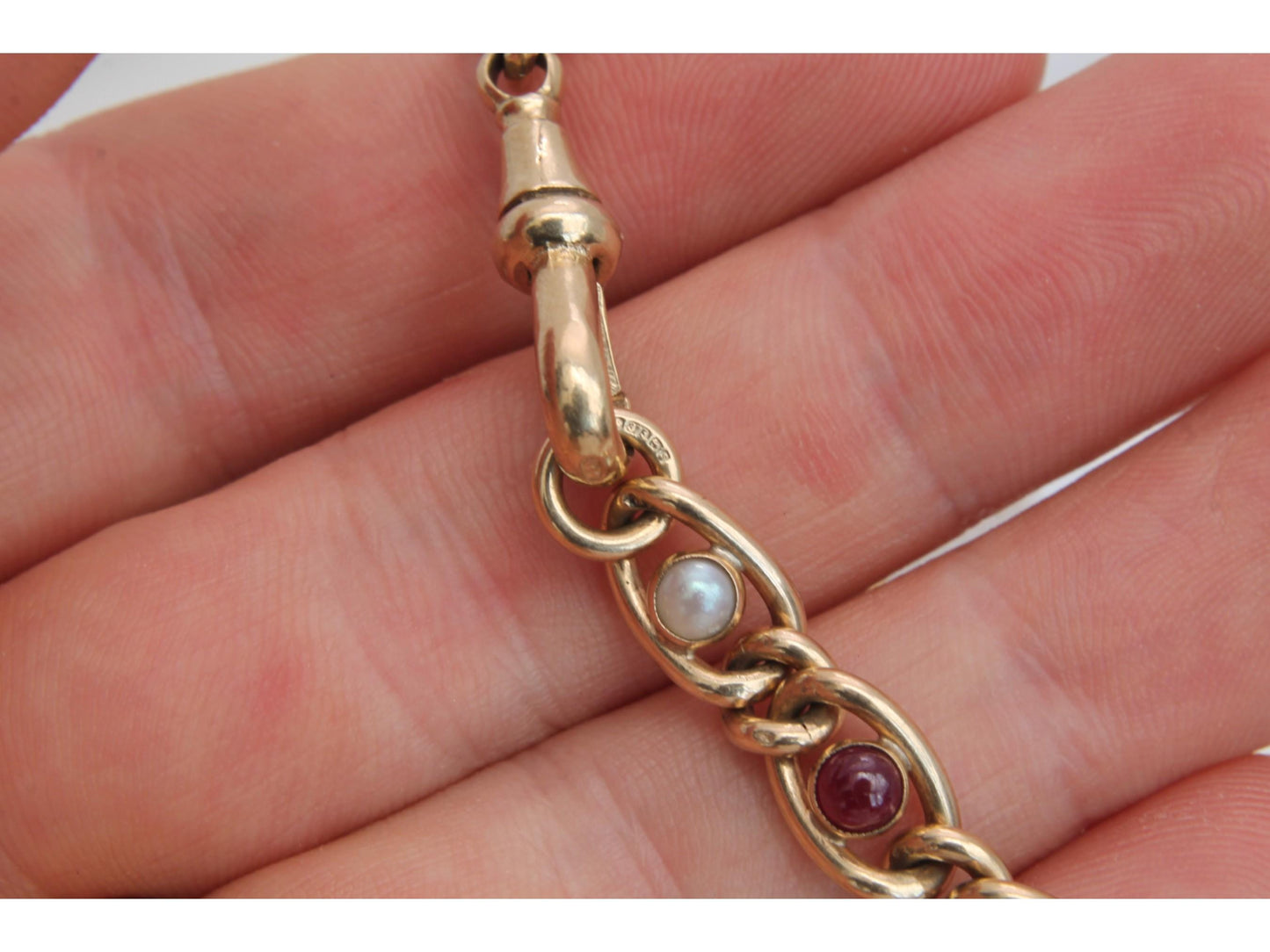 Antique 9ct Yellow Gold Ruby Cabochon Pearl Bracelet 1.75ct, 7.5"