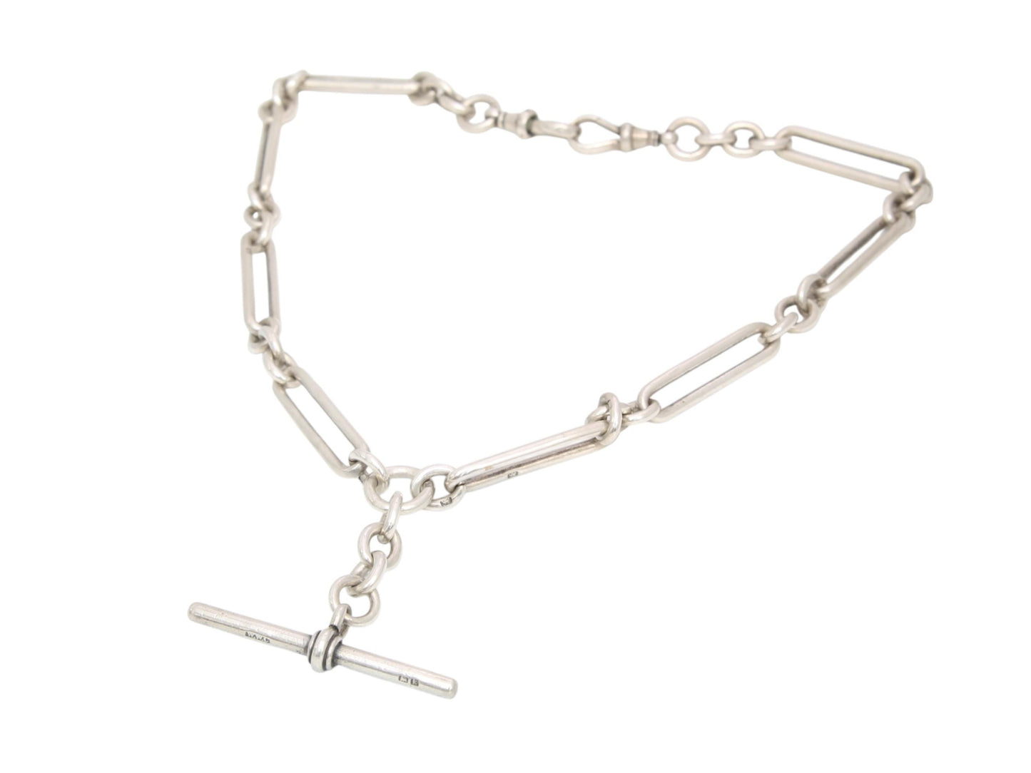 Antique Sterling Silver Trombone Link Albert Chain Necklace, 15.25"