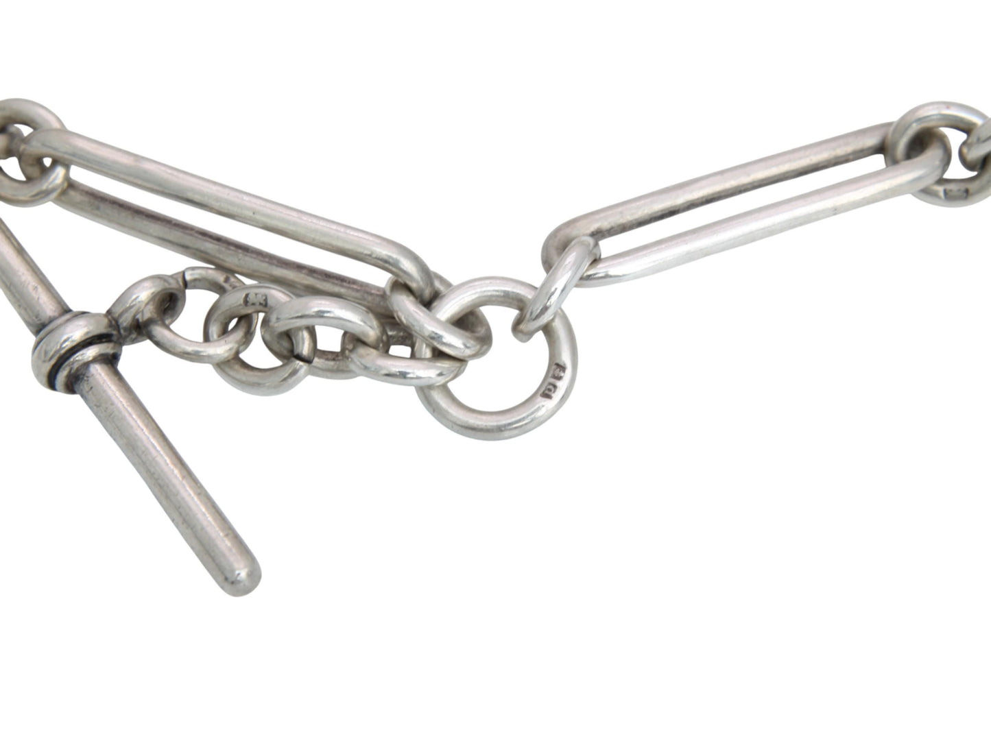 Antique Sterling Silver Trombone Link Albert Chain Necklace, 15.25"