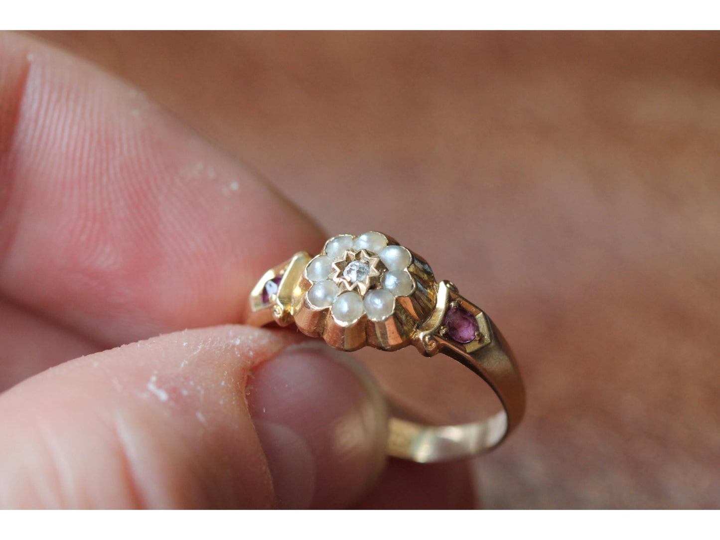 Antique 18ct Gold Diamond, Ruby & Pearl Flower Ring, 1894