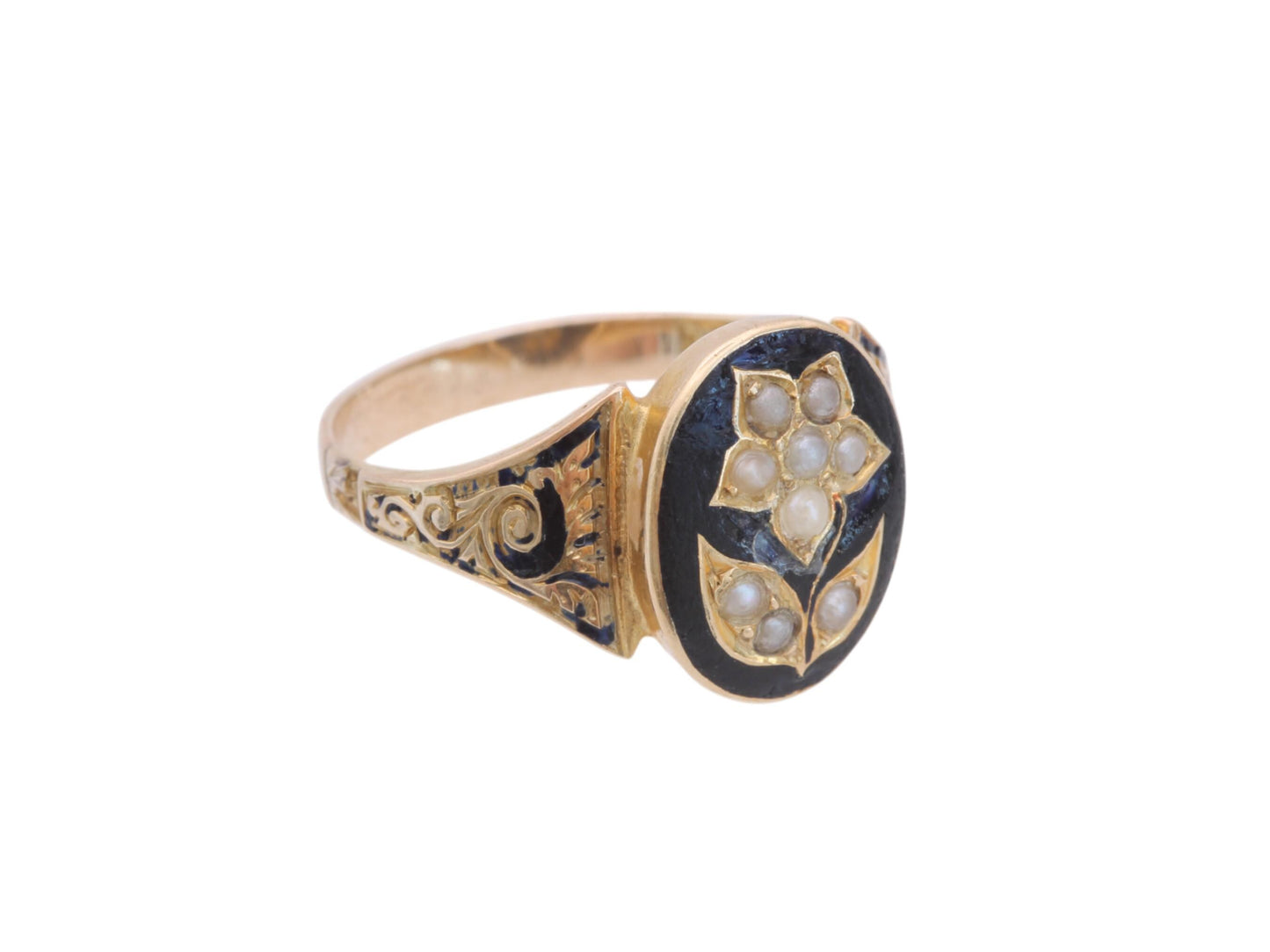 Antique Victorian 15ct Gold Black Enamel Forget Me Not Flower Ring