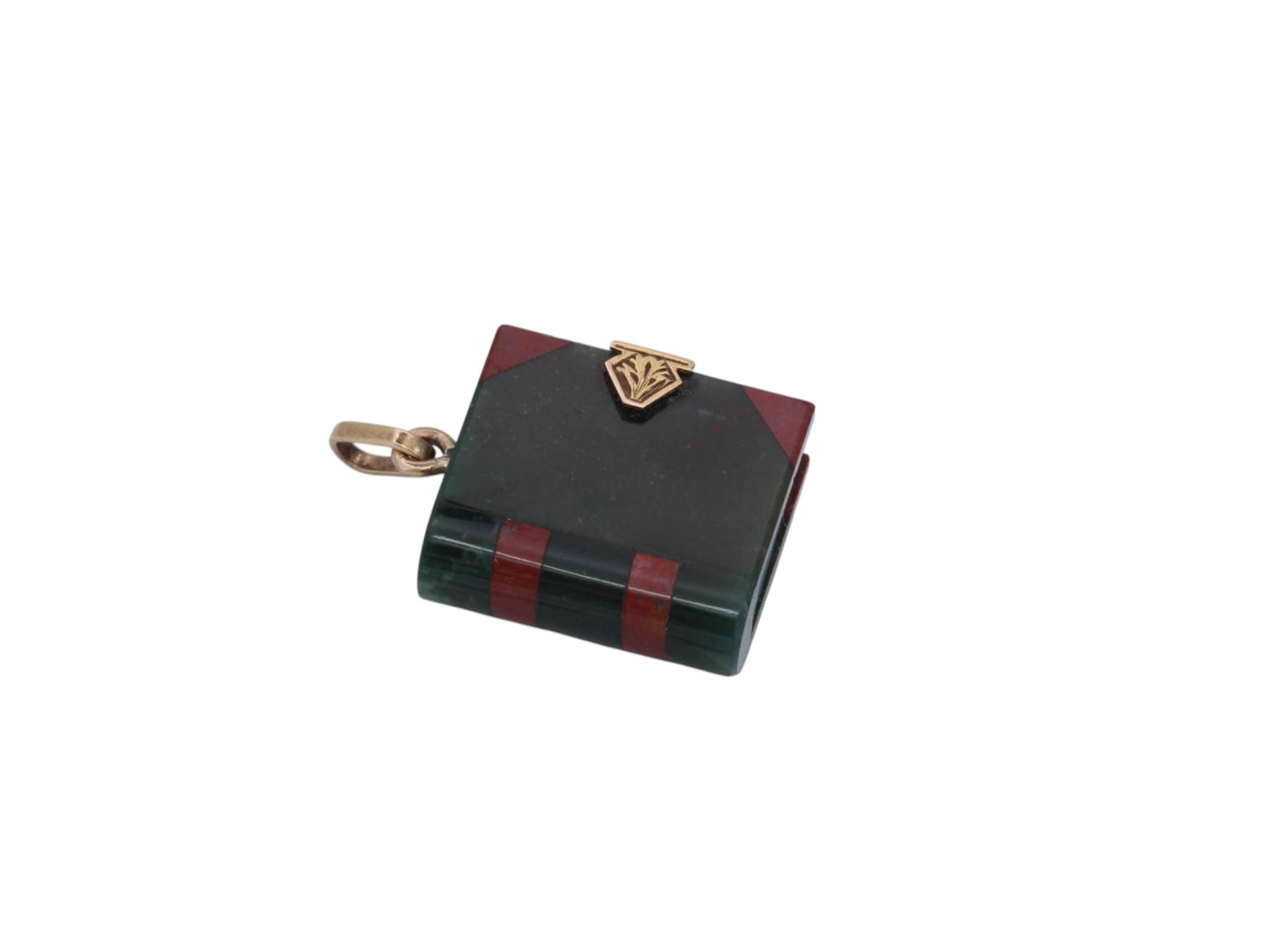 Antique-9ct-Gold-&-Bloodstone,-Carnelian-Agate-Book-Pendant