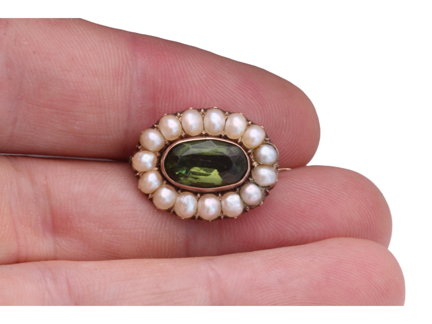Antique-9ct-Rose-Gold-Peridot-&-Pearl-Brooch