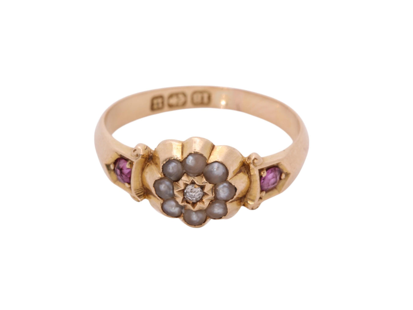 Antique 18ct Gold Diamond, Ruby & Pearl Flower Ring, 1894