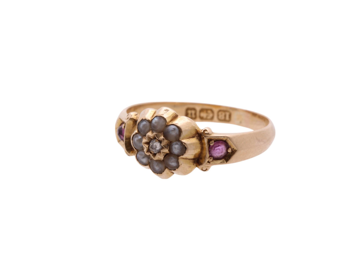 Antique 18ct Gold Diamond, Ruby & Pearl Flower Ring, 1894