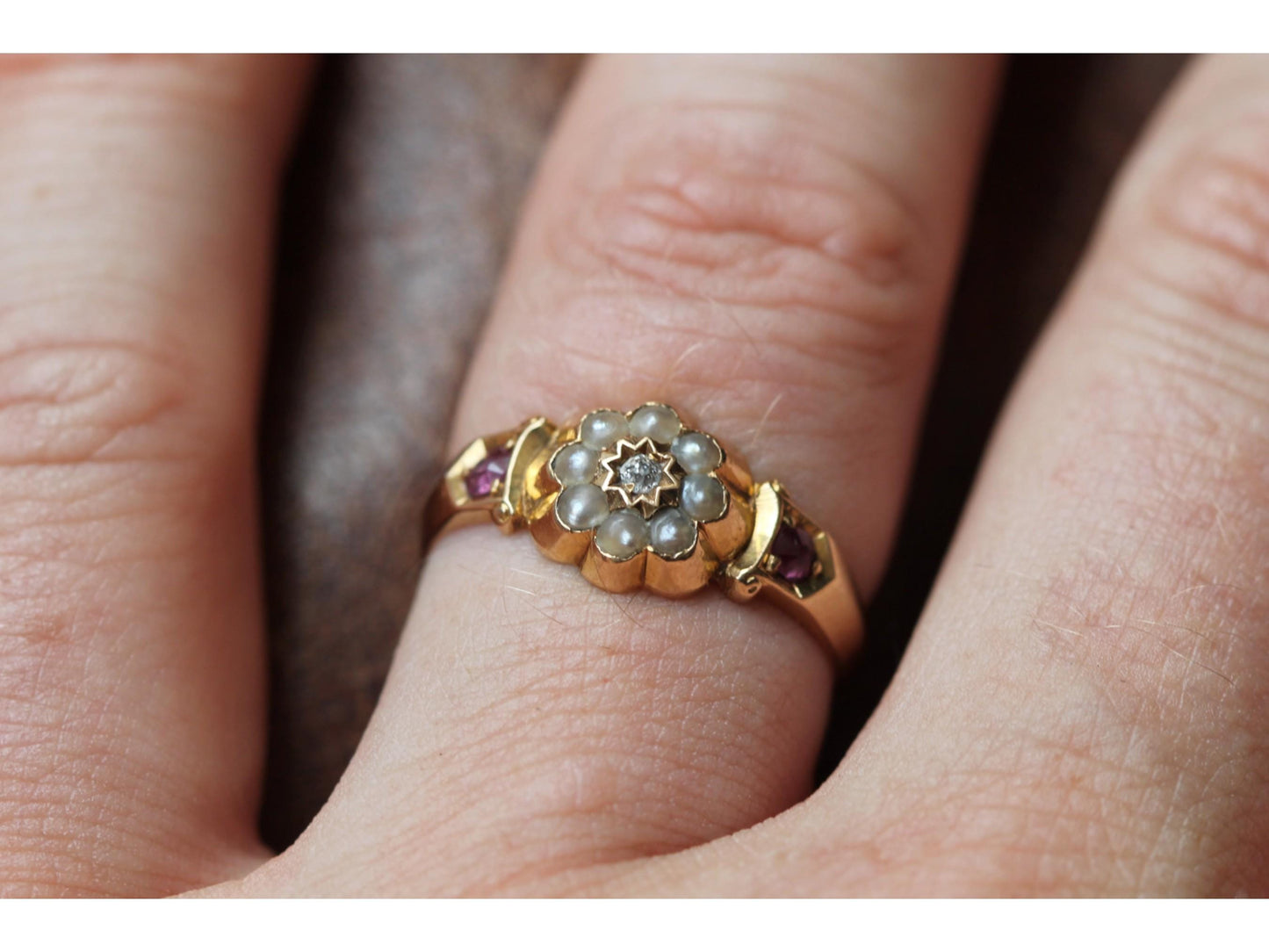 Antique 18ct Gold Diamond, Ruby & Pearl Flower Ring, 1894