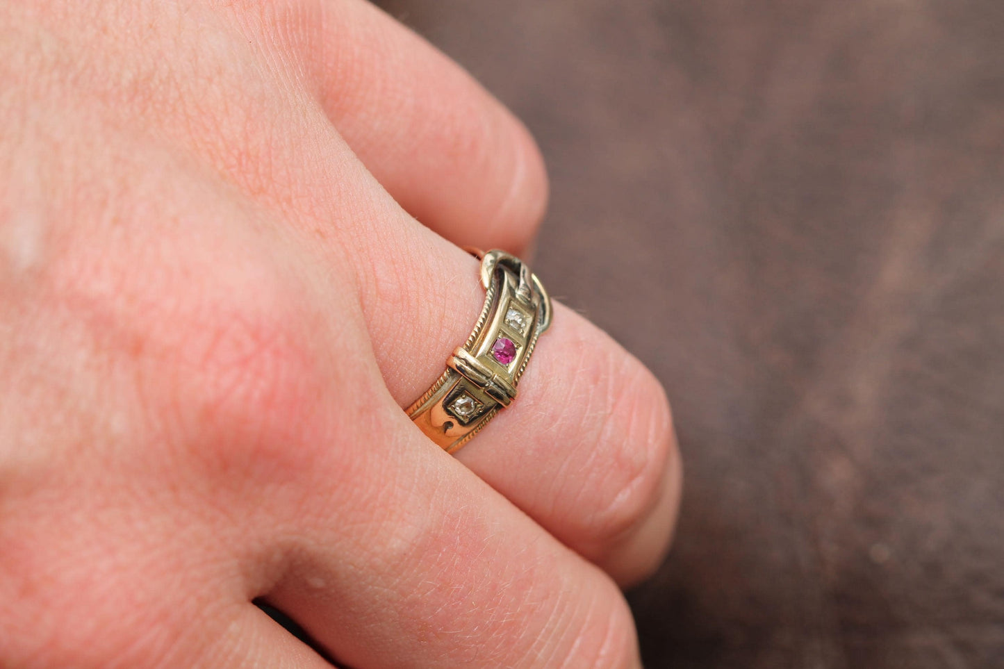 Antique 18ct Gold Diamond Ruby Buckle Ring, 1882