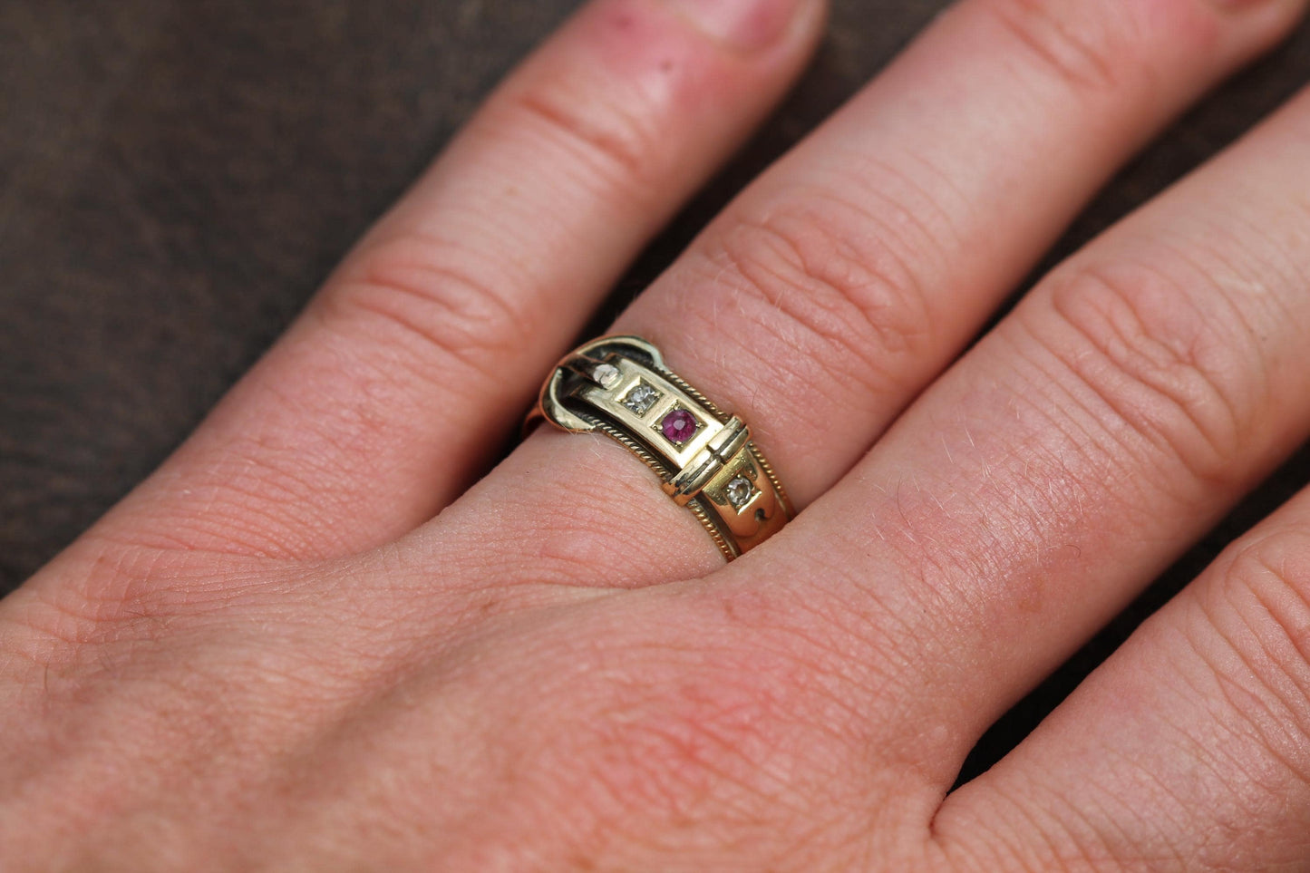 Antique 18ct Gold Diamond Ruby Buckle Ring, 1882