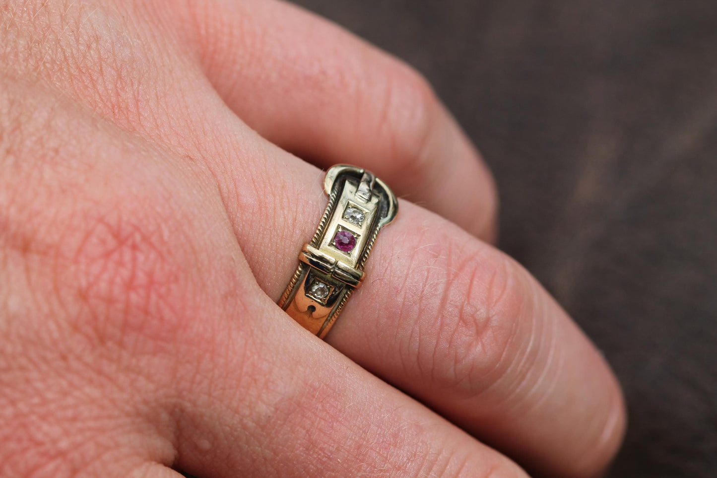 Antique 18ct Gold Diamond Ruby Buckle Ring, 1882