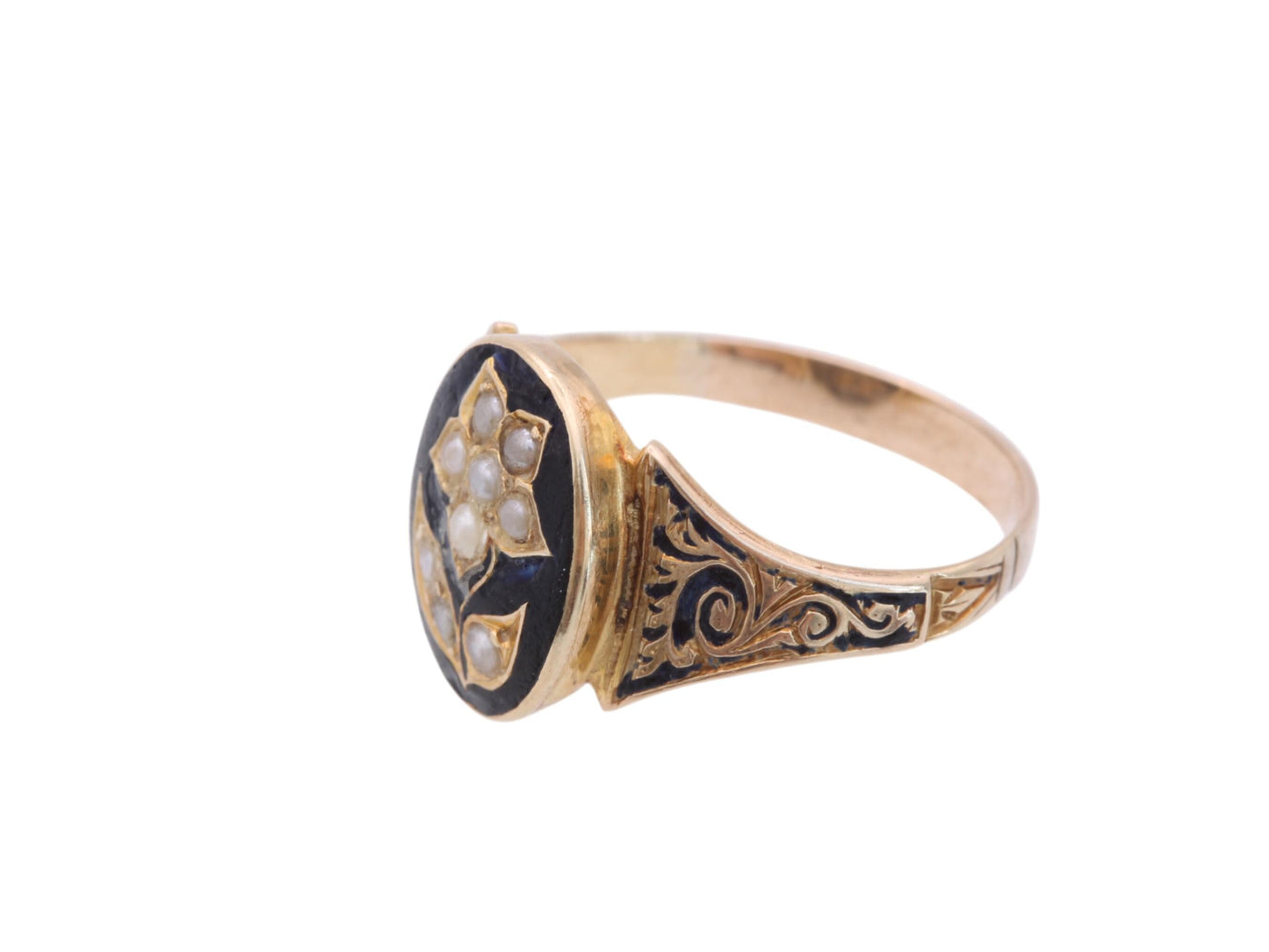 Antique Victorian 15ct Gold Black Enamel Forget Me Not Flower Ring