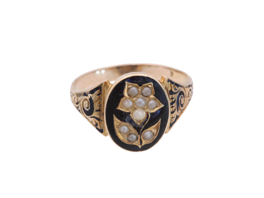 Antique Victorian 15ct Gold Black Enamel Forget Me Not Flower Ring