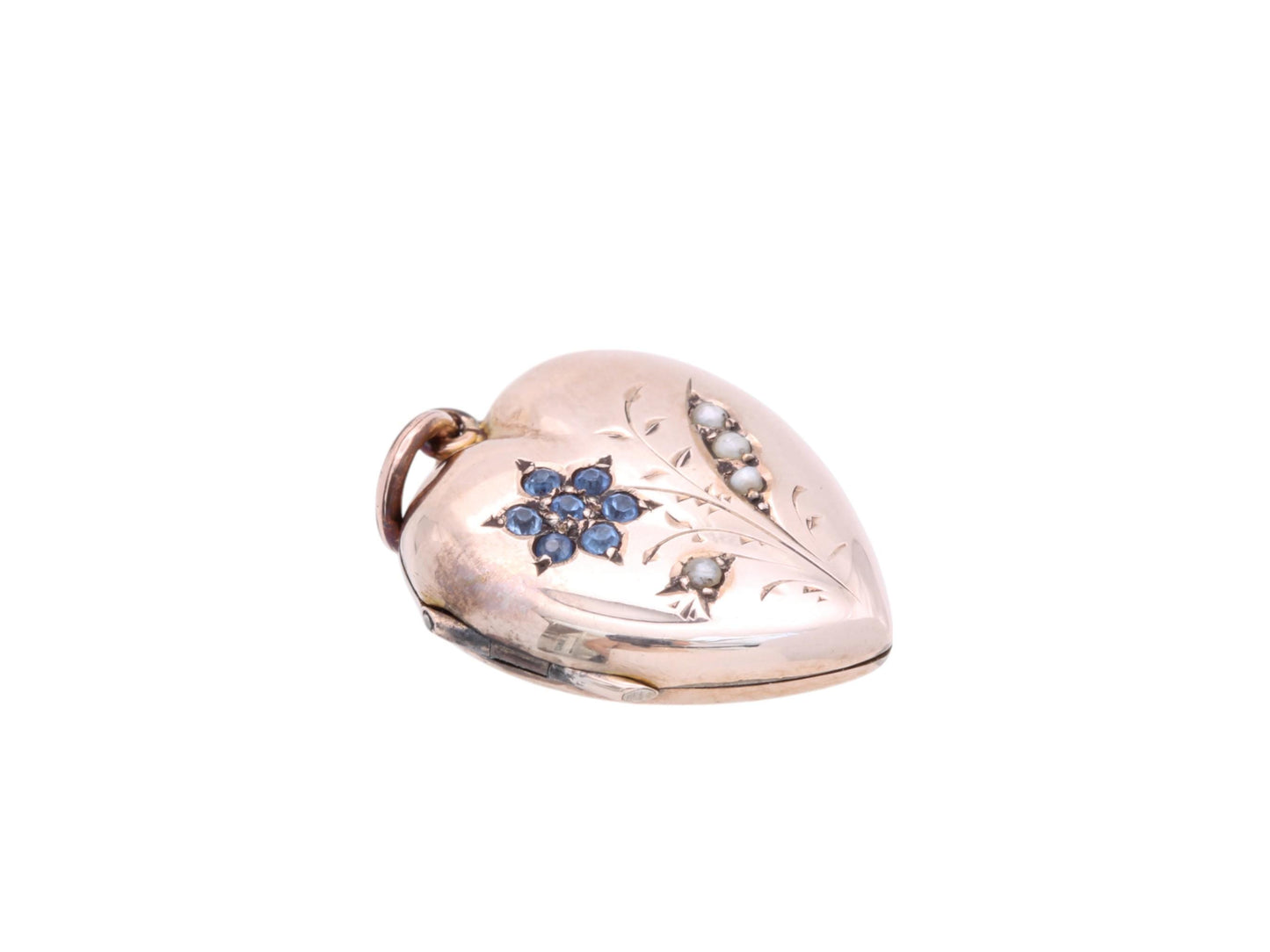Antique 9ct Gold Blue Paste & Pearl Flower Heart Locket