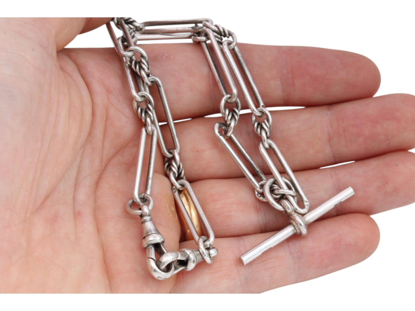 Antique-Sterling-Silver-Trombone-Lovers-Knot-Link-Albert-Chain,-14.5"