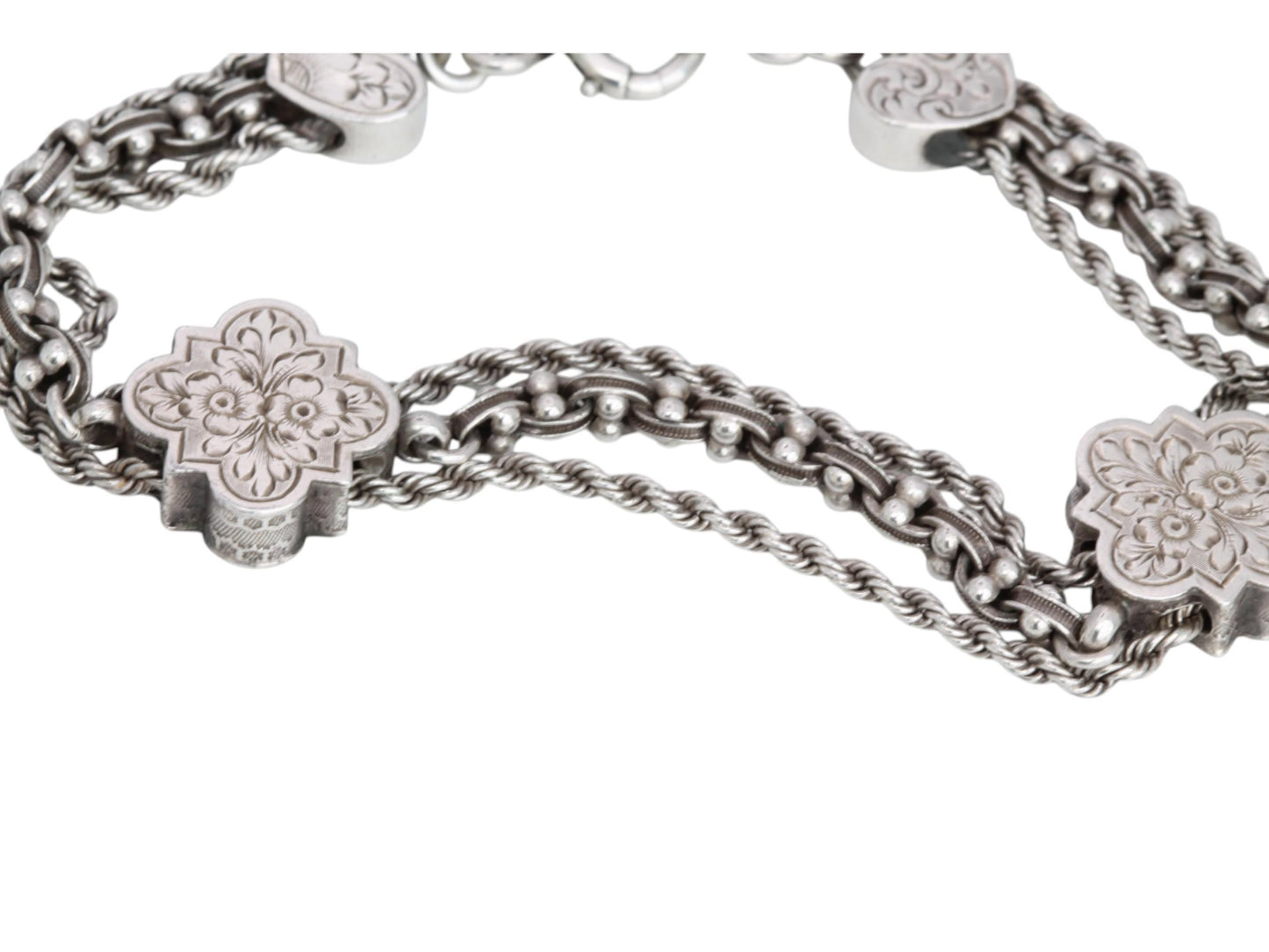 Antique-Sterling-Silver-Heart-Chased-Tassel-Albertina-Bracelet,-7.25"