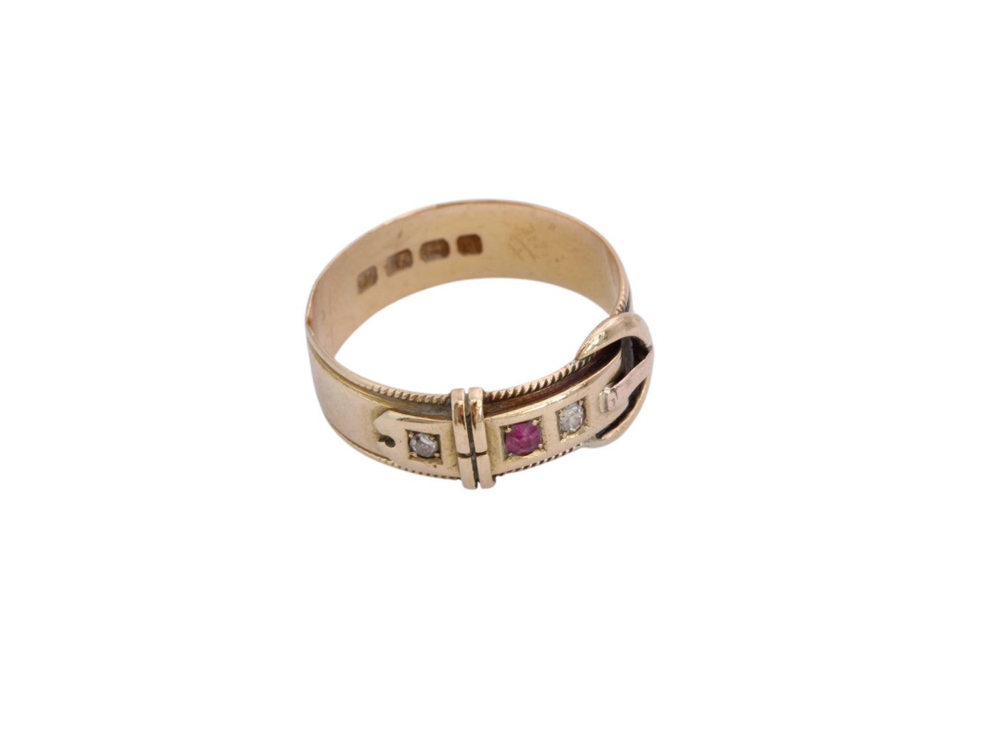 Antique 18ct Gold Diamond Ruby Buckle Ring, 1882