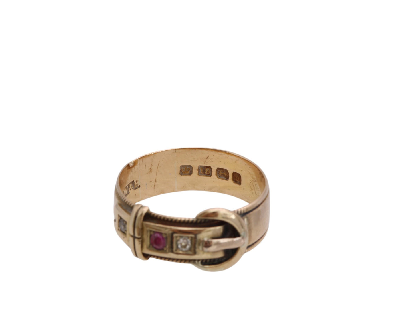 Antique 18ct Gold Diamond Ruby Buckle Ring, 1882