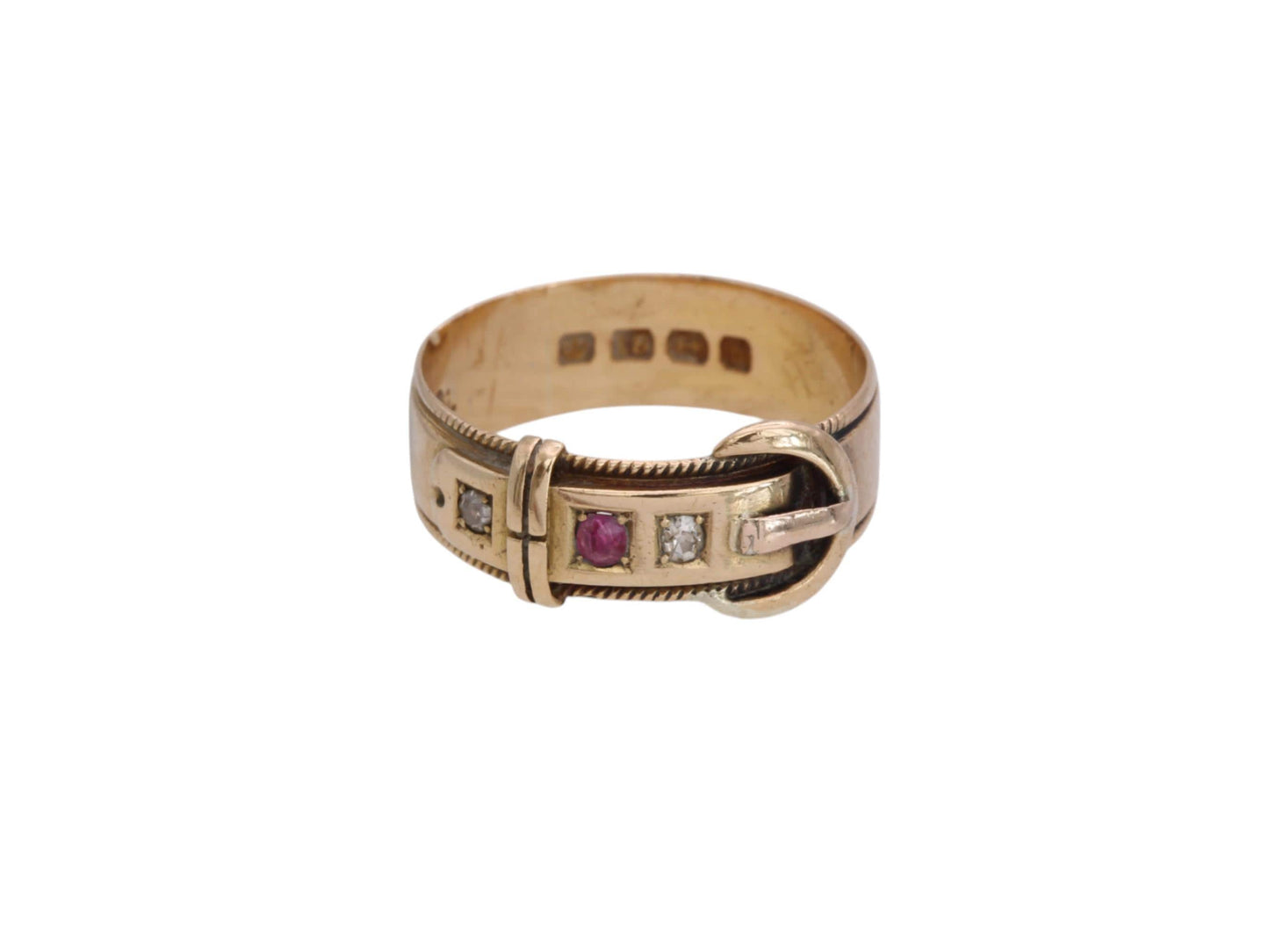 Antique 18ct Gold Diamond Ruby Buckle Ring, 1882