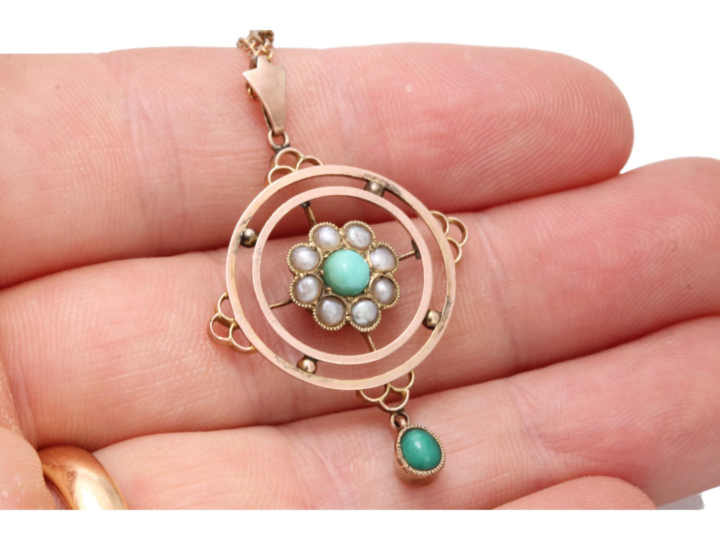 Antique 9ct Gold Pearl & Turquoise Pendant, Lovers Knot Necklace, 16"