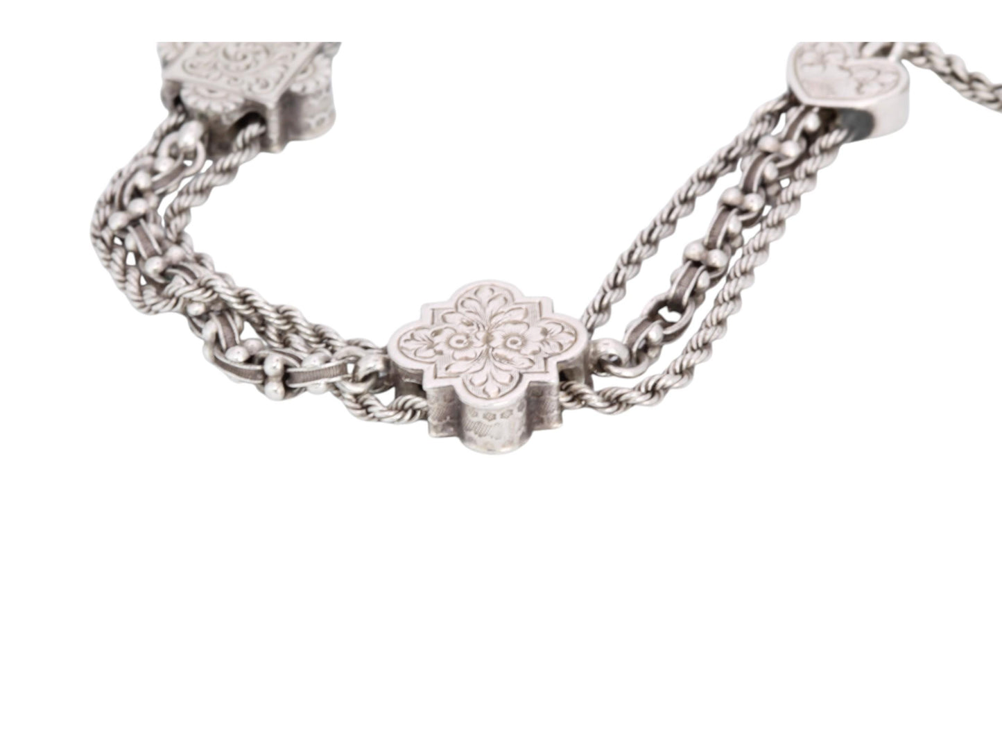 Antique Sterling Silver Heart Chased Tassel Albertina Bracelet, 7.25"