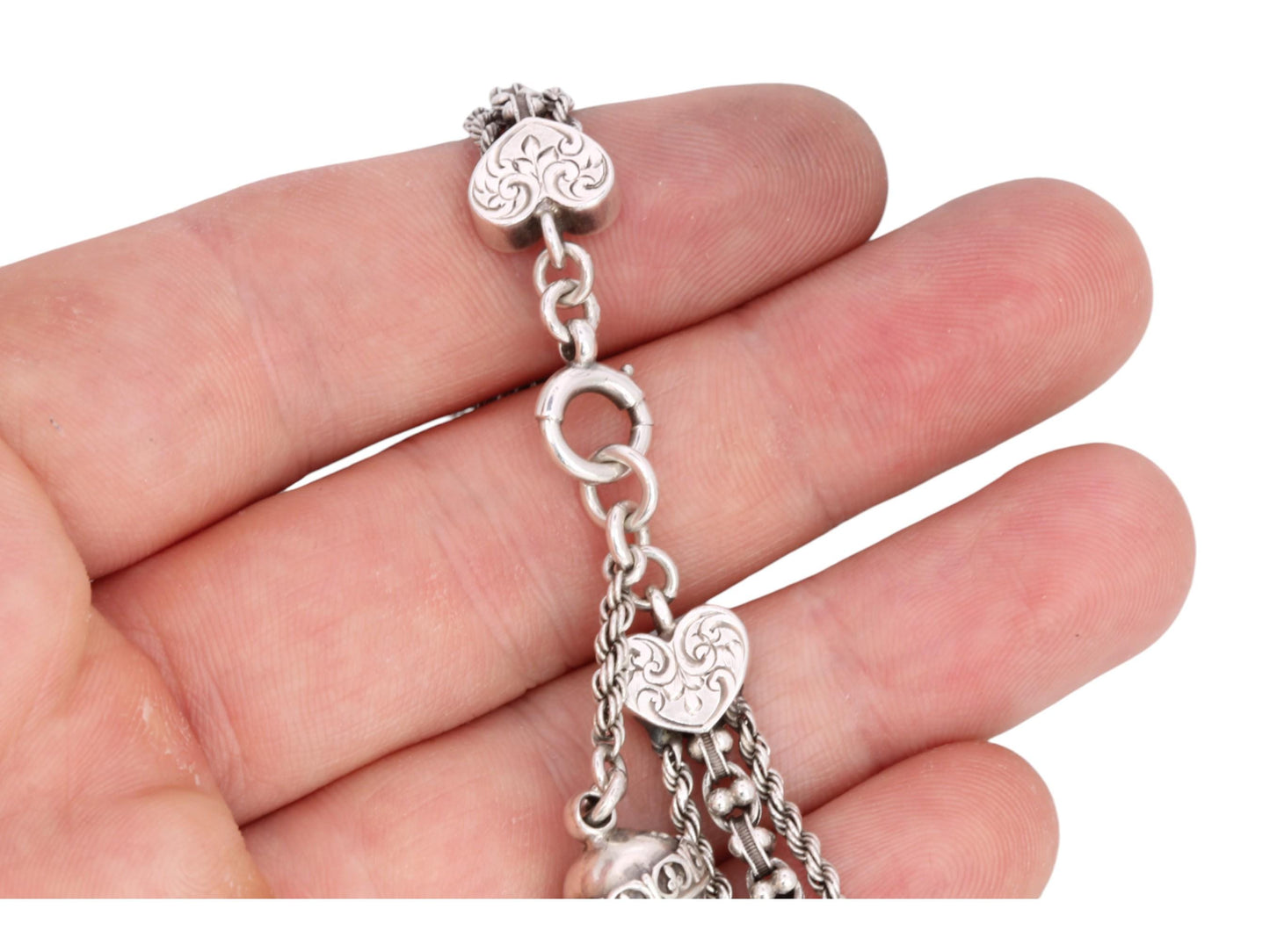 Antique Sterling Silver Heart Chased Tassel Albertina Bracelet, 7.25"