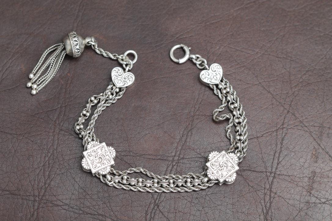 Antique Sterling Silver Heart Chased Tassel Albertina Bracelet, 7.25"
