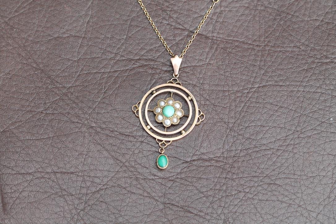 Antique 9ct Gold Pearl & Turquoise Pendant, Lovers Knot Necklace, 16"