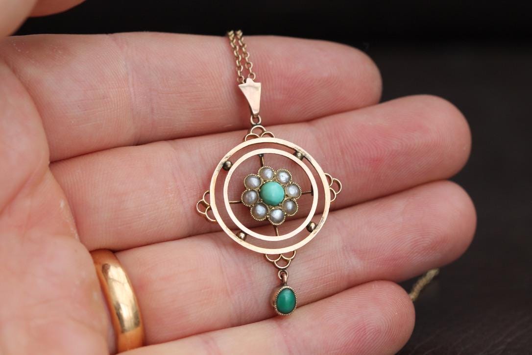 Antique-9ct-Gold-Pearl-&-Turquoise-Pendant,-Lovers-Knot-Necklace,-16"