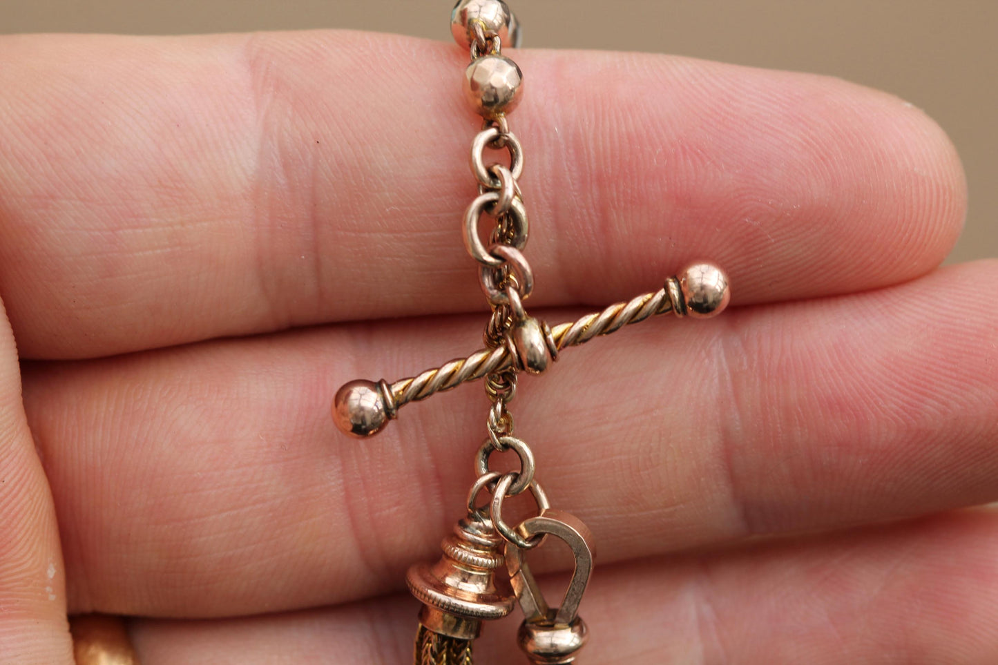 Antique 9ct Rose Gold Albertina Bracelet Tassel & Heart Charm, 7.5"