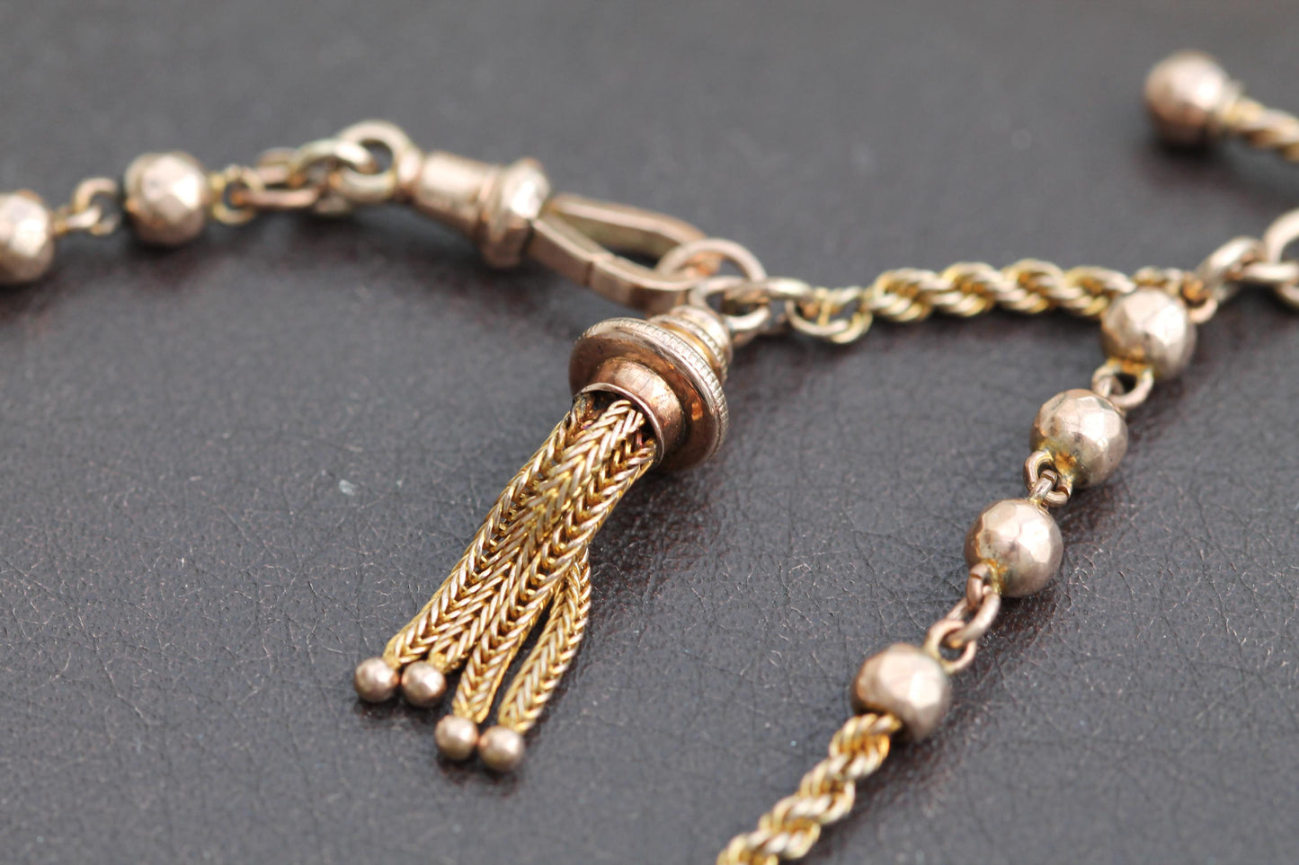 Antique 9ct Rose Gold Albertina Bracelet Tassel & Heart Charm, 7.5"