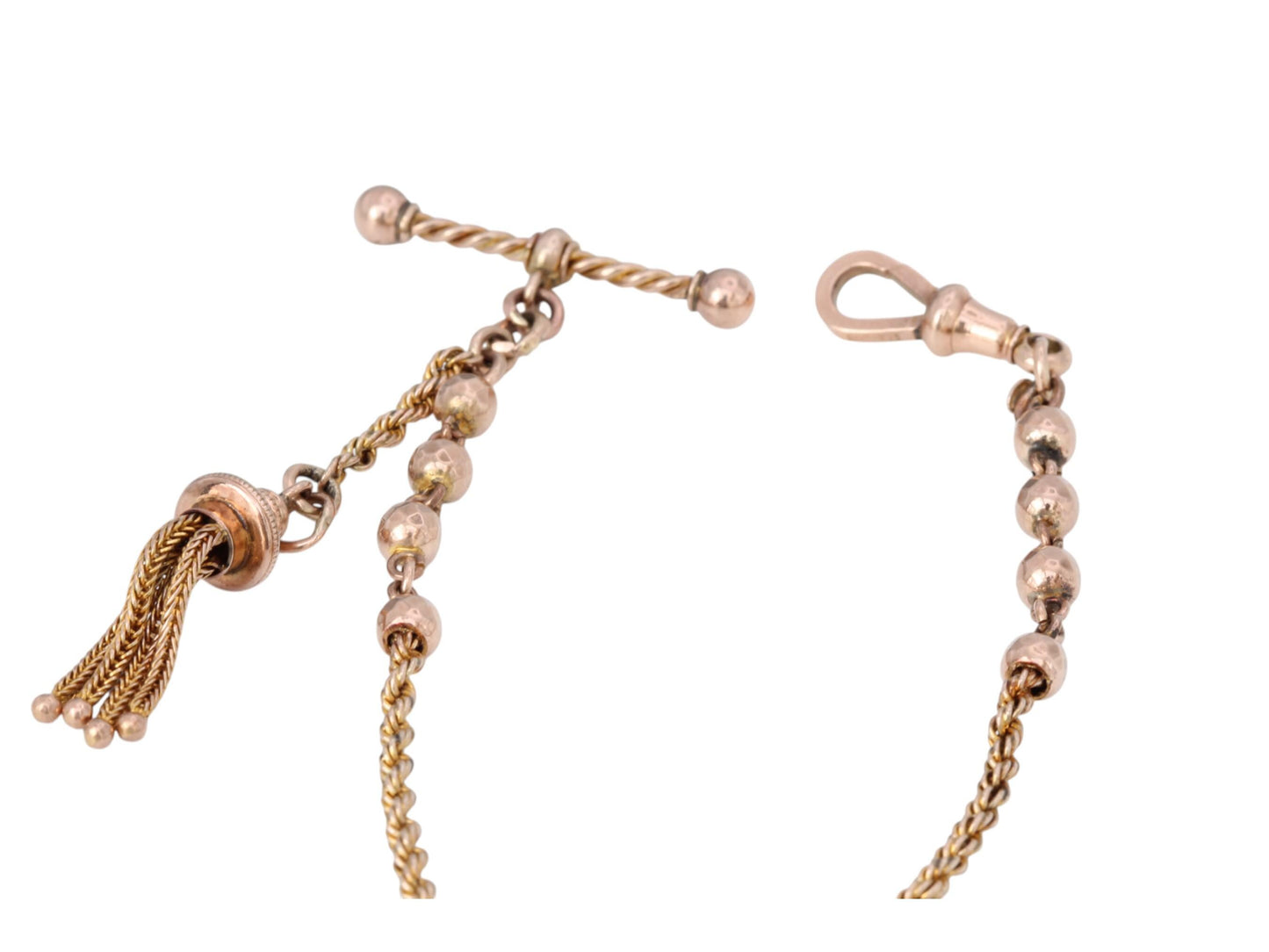 Antique 9ct Rose Gold Albertina Bracelet Tassel & Heart Charm, 7.5"