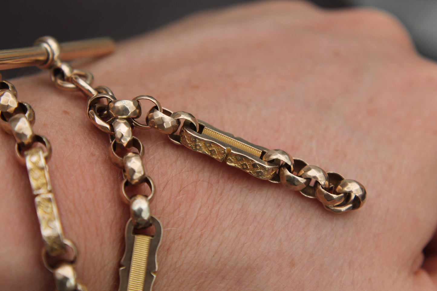 Antique-10ct-Yellow-Gold-Faceted-Belcher-&-Bar-Links-Necklace-Albert,-14.25"