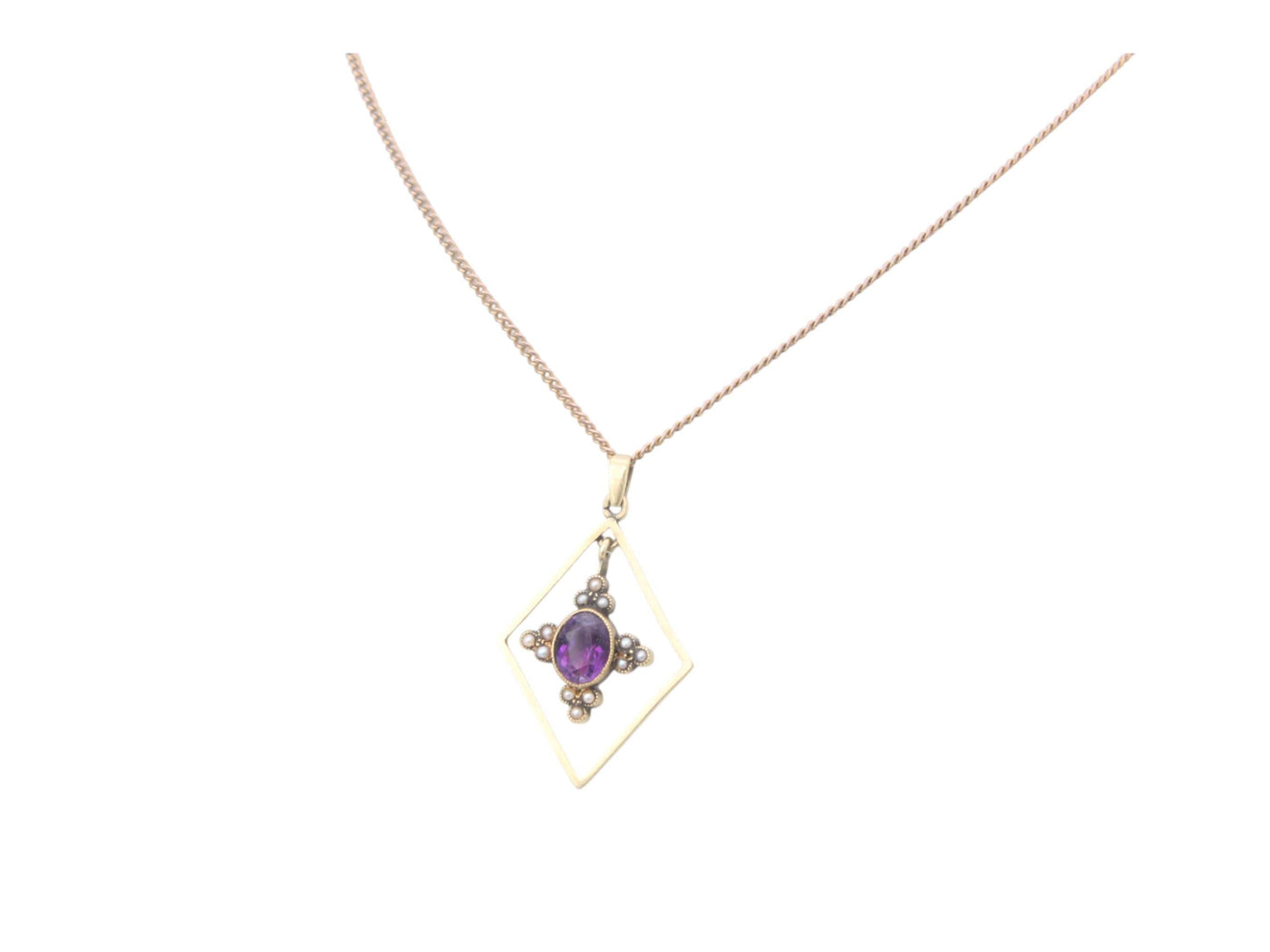 Antique-15ct-Gold-Amethyst-Pearl-Pendant-Necklace,-18"