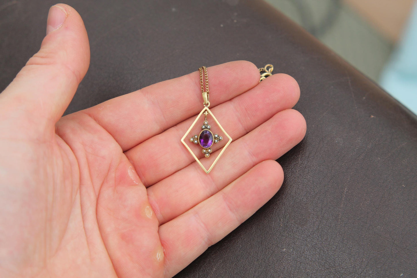 Antique 15ct Gold Amethyst Pearl Pendant Necklace, 18"